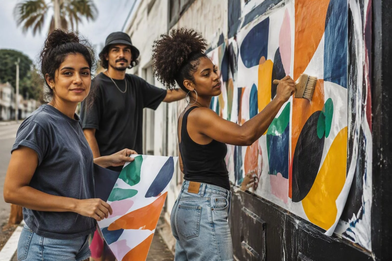 Equipe colando cartazes de um festival num tapume da rua