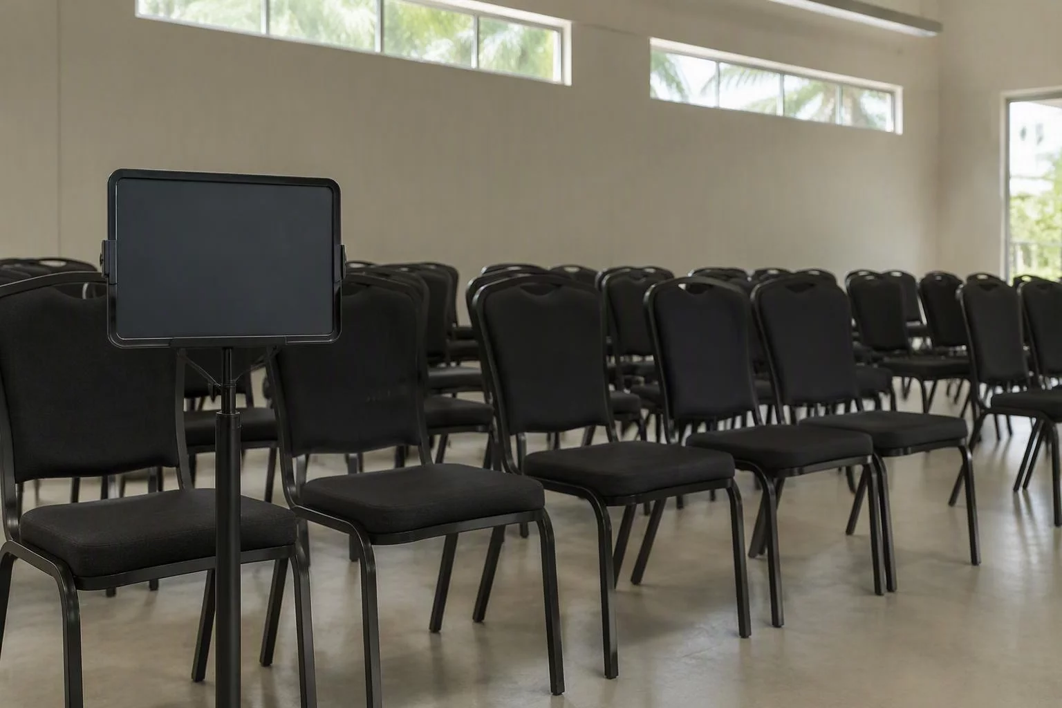 Fileiras de cadeiras vazias com a placa de sala ao lado